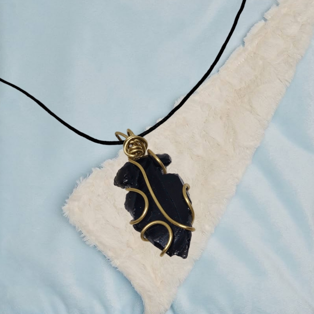 Hand-Wired Obsidian Arrowhead Pendant with Black Adjustable Cord.